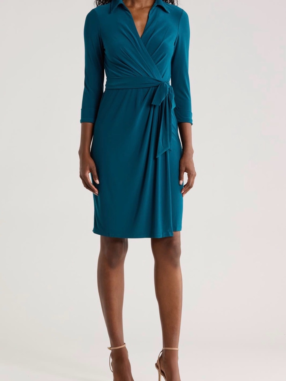 Eliza J three-quarter sleeve faux Wrap Dress with Tie Waist in Teal